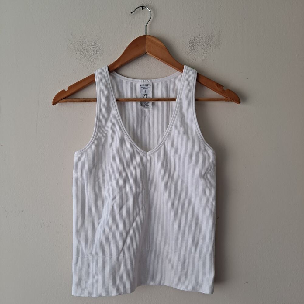 Athleta Ribbed Tank Top V-neck Sleeveless Cropped Fitted White Women's Size S
